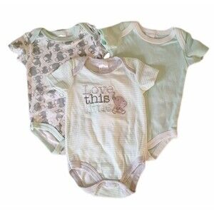 3pc Little Beginnings Short Sleeve Green/Gray Elephant Bodysuits sz 6-9M Boys